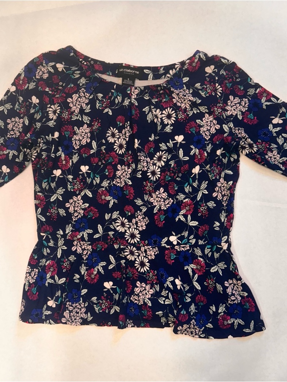 Liz Claiborne Navy Floral Peplum Top - BluePink Career Women's Top Shirt Size S